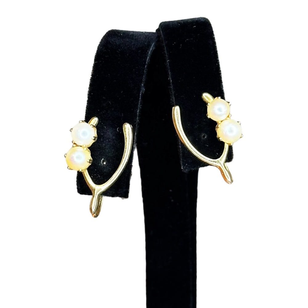 Vintage Wishbone Faux Pearl Gold Tone Screw Back Earrings